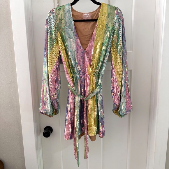 Show Me Your MuMu Dresses & Skirts - Show Me Your Mumu Wear Me Out Rainbow Sequin Stripe Mini Dress S Belted Disco